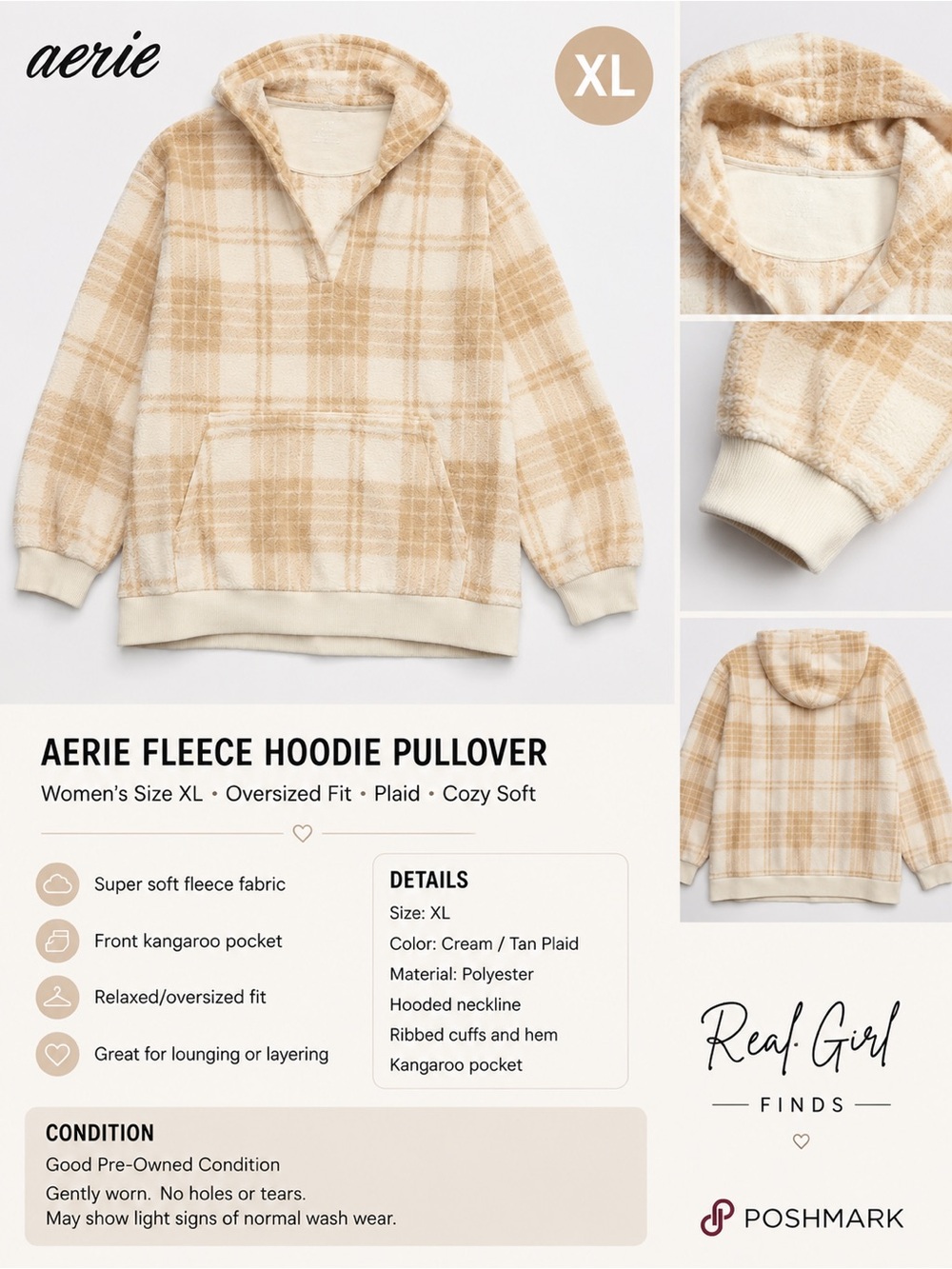 aerie Cream and Tan Plaid Fleece Hoodie